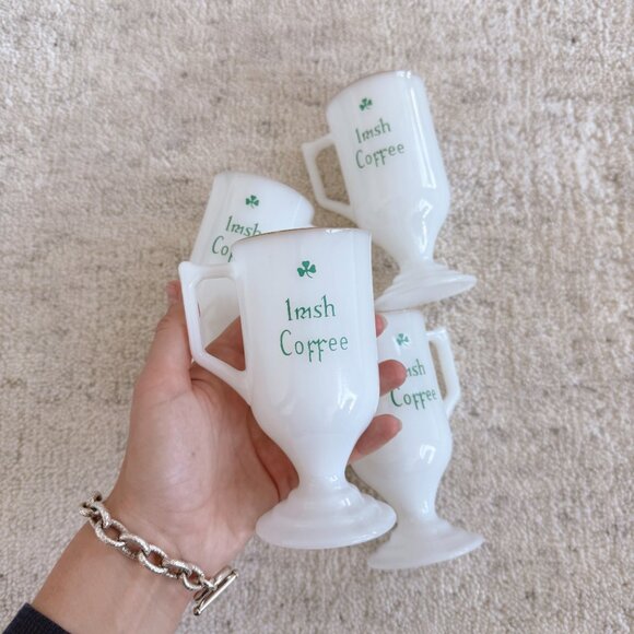 Vintage Milk Glass Irish Coffee Pedestal Mugs Set of 4 - Picture 2 of 12